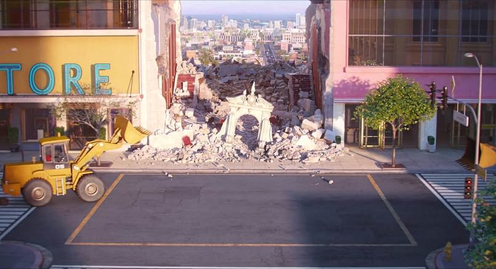  무너져버린 버스터 문의 극장.빚더미에 눌리면 거대 사업체도 순식간에 붕괴될 수 있다는 점을 보여준다.[IMDb]