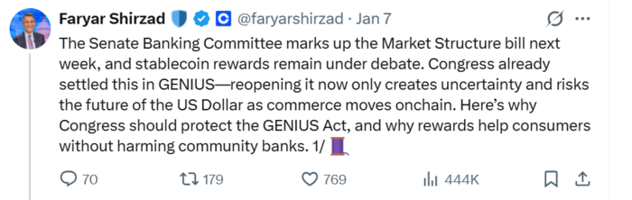  파리아르 시르자드 코인베이스 최고정책책임자(CPO)가 미 상원의 스테이블코인 리워드 규제 논의를 비판하고 있다.그는 이번 규제가 달러 패권의 미래를 위협할 수 있다고 경고했다.[출처 =엑스(X)]