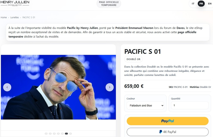  마크롱 대통령이 착용한 선글라스‘인기’[앙리 쥘리앵 홈페이지,연합뉴스]