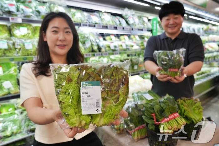  지난해 서울 송파구 롯데마트 제타플렉스 잠실점 채소코너에서 직원들이 ‘CA저장 시금치’와 ‘스마트팜 내일농장 상추·깻잎’을 홍보하고 있다. [롯데쇼핑]