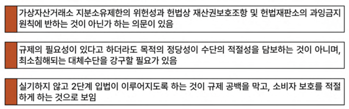  26일 국회에서 열린 ‘디지털자산 2단계 입법 방향 토론회’에서 최승재 세종대학교 교수가 지적한 ‘가상자산거래소 대주주 지분 제한’ 쟁점에 대한 발표 내용. [자료=디지털자산정책포럼]