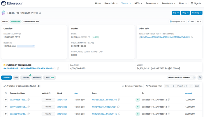 이더스캔(Etherscan)에 기록된 해킹 의심 지갑의 거래 내역. 탈취자는 가스비(수수료)로 쓰일 이더리움을 먼저 입금한 뒤, 단 3번의 이체로 400만개의 PRTG 토큰을 빼돌렸다. [사진 = 이더스캔]
