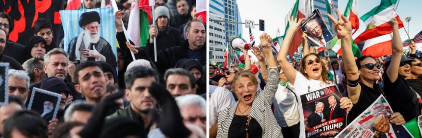 하메네이 이란 최고지도자가 사망했다는 소식이 전해지자 1일 이란 테헤란 엥겔라브 광장에서 시민들이 하메네이를 추모하고 있다(왼쪽). 지난달 28일 시민들이 미국 캘리포니아주 로스앤