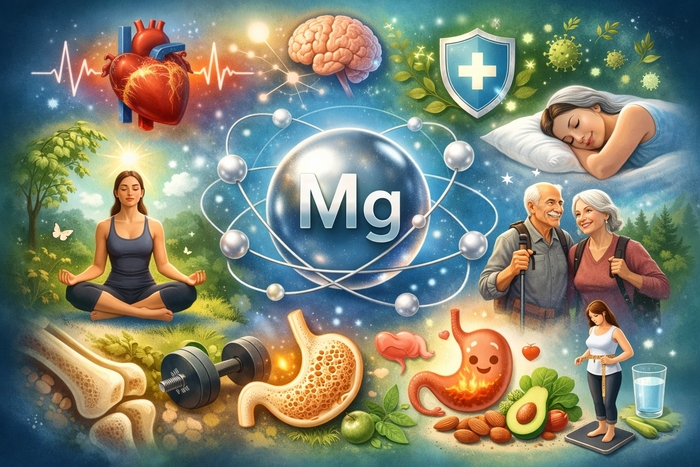 마그네슘의 효능을 키워드로 생성AI가 만든 이미지. 숙면 유도, 활력 증강, 혈관 및 뇌기능 개선에 도움을 준다고 설명하고 있다. [챗GPT]