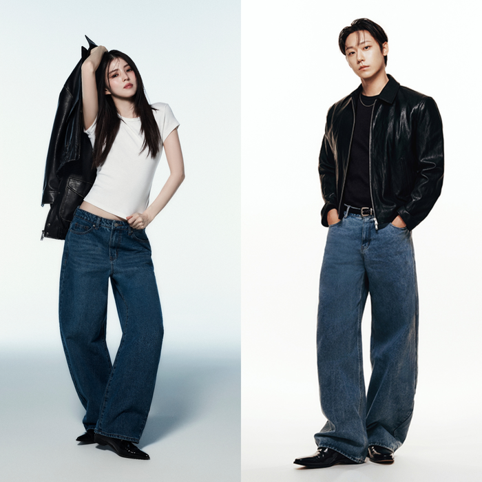  무신사스탠다드 커브드 데님 팬츠를 착용한 배우 한소희와 이도현.[무신사스탠다드]