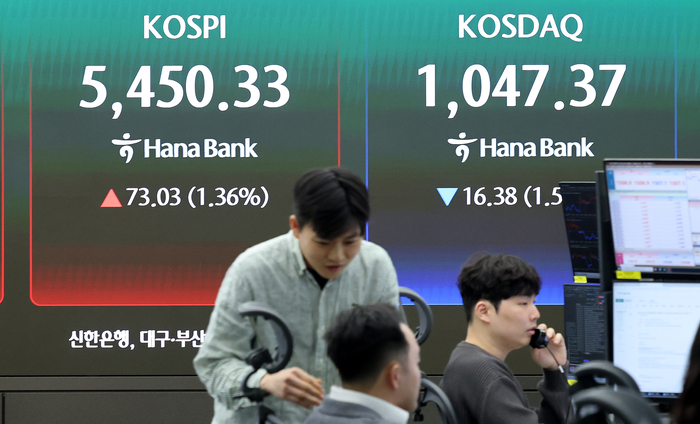 6일 서울 중구 하나은행 본점 딜링룸 전광판에 코스피 등이 표시돼 있다. [뉴스1]