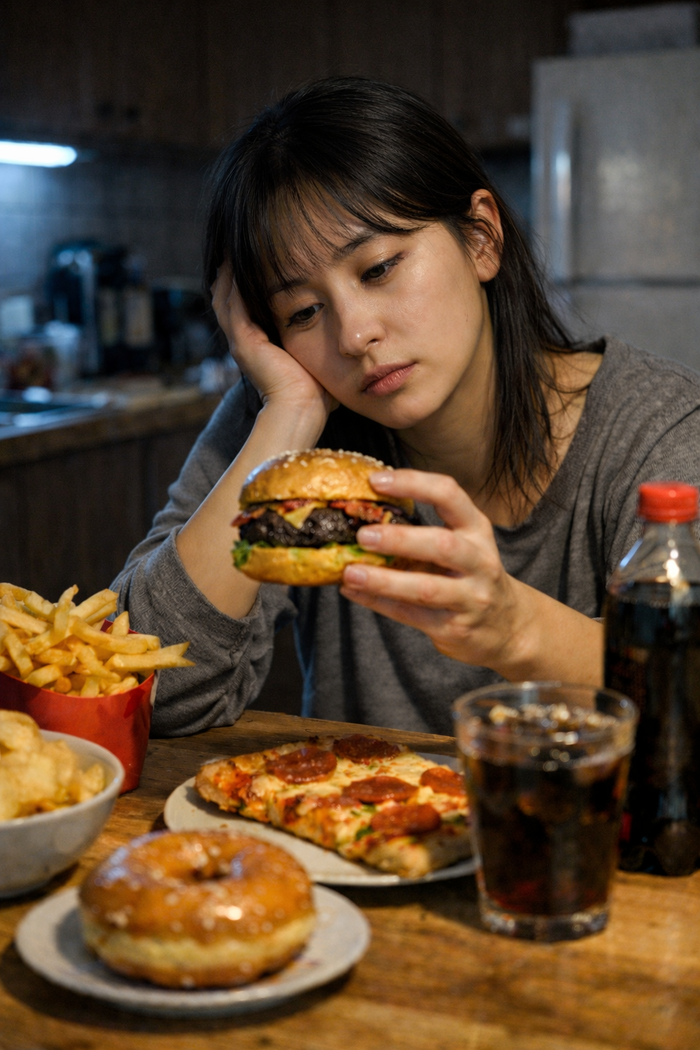  밤 늦게 야식을 먹는 여성의 모습을 AI로 생성한 이미지.[챗GPT]