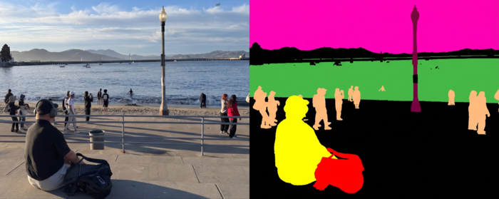  구글의 ‘비전 바나나’를 활용해 왼쪽 이미지 속 객체를 RGB 값으로 구분해낸 결과물(오른쪽) [출처 = 구글 딥마인드 웹사이트 캡처]