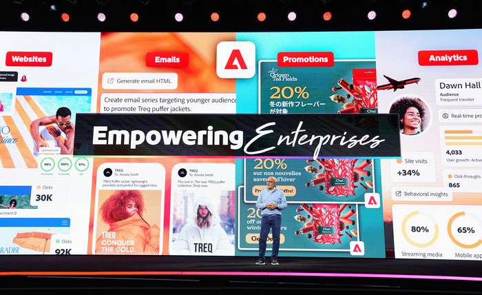  샨타누 나라옌 어도비 최고경영자(CEO)가 최근 미국 라스베이거스에서 열린 ‘어도비 서밋 2026’에서 AI 시대 창의성에 대한 어도비의 접근 방식을 설명하고 있다. [연합외신]