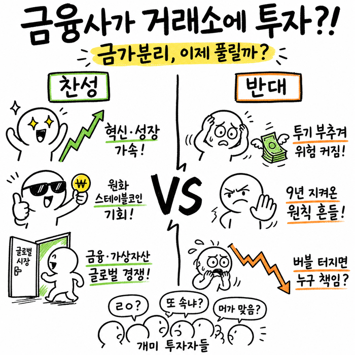 오늘의 찬반 카드- ‘금융사가 거래소에 투자?! - 금가분리, 이제 풀릴까?’ < 생성 : 챗GPT >