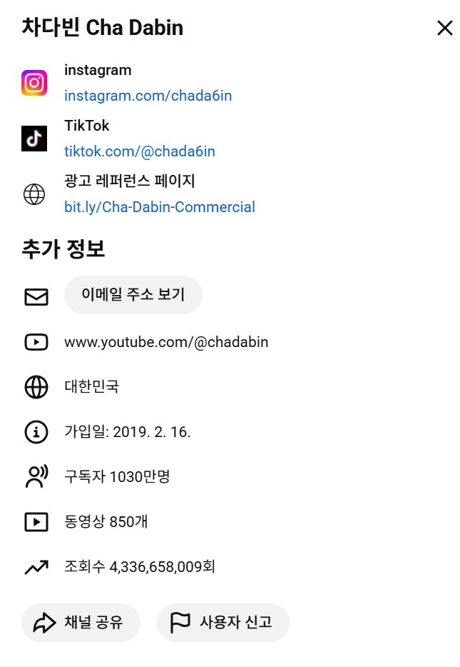  유튜브 차다빈 채널 정보. 채널 누적 조회수가 약 43억 3666만회에 달한다.  [유튜브 캡처]