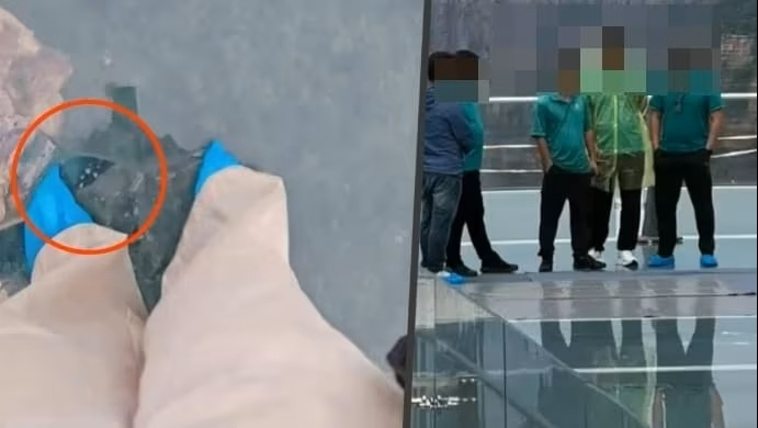 우산 끝으로 툭 찔렀는데 180m 절벽 전망대 유리에 금이 쫙