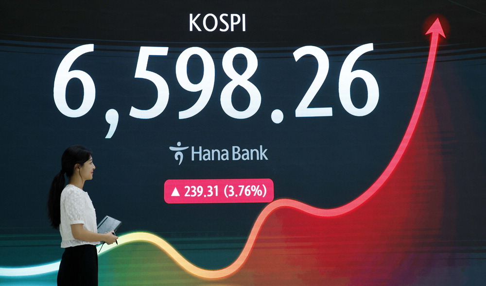 5일 서울 중구 하나은행 본점 딜링룸 전광판에 코스피가 표시되고 있다. 이날 코스피는 전 거래일 대비 239.31포인트(3.76%) 오른 6598.26에 장을 마쳤다. 선물 가격이 뛰면서 올해 들어 22번째 매수 사