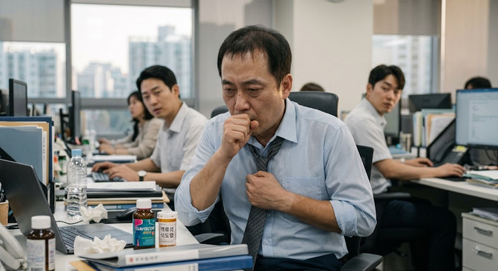  역류성 식도염으로 마른기침하는 모습.[제미나이]