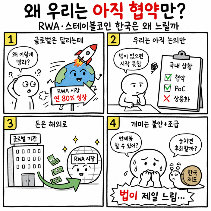 오늘의 4컷 만화-‘왜 우리는 아직 협약만?’ < 생성 : 챗GPT >