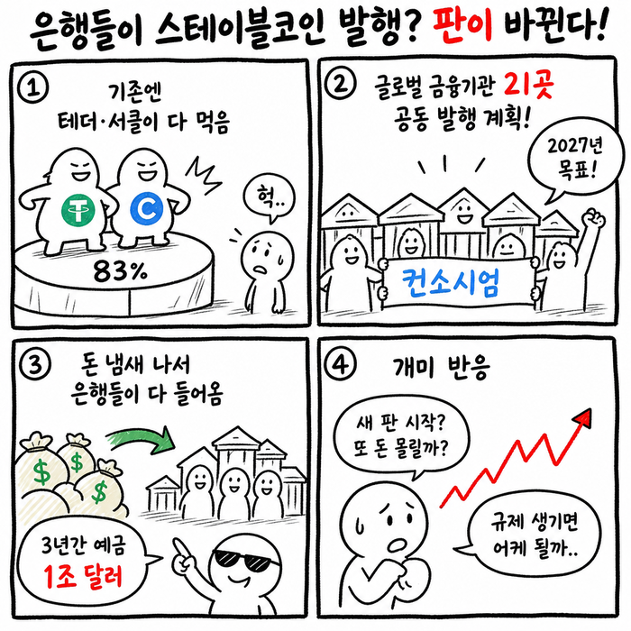 오늘의 4컷 만화-‘은행들이 스테이블코인 발행? 판이 바뀐다!’ < 생성 : 챗GPT >