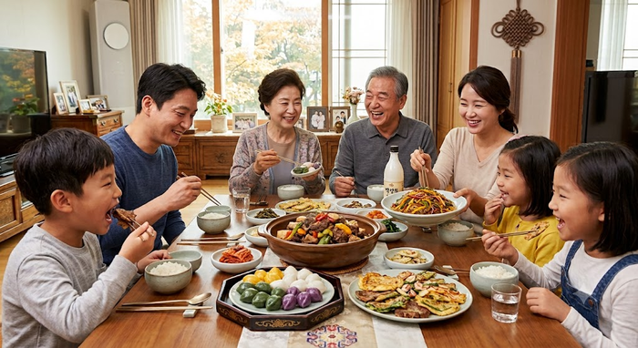  명절 밥상 키워드로 생성형AI가 그린 그림.[제미나이]