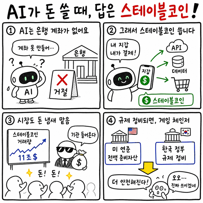  오늘의 4컷 만화-‘AI가 돈 쓸 때,답은 스테이블코인’< 생성 : 챗GPT >