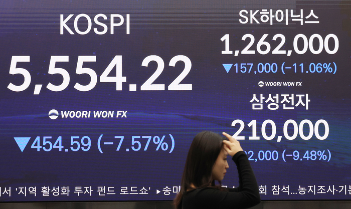  지난 15일 서울 중구 우리은행 본점 딜링룸 전광판에 코스피 및 SK하이닉스, 삼성전자 종가가 표시돼 있다. 이날 코스피는 전일 종가와 비교해 454.59포인트(p)(7.57%) 하락한 5554.22로 거래를 마쳤