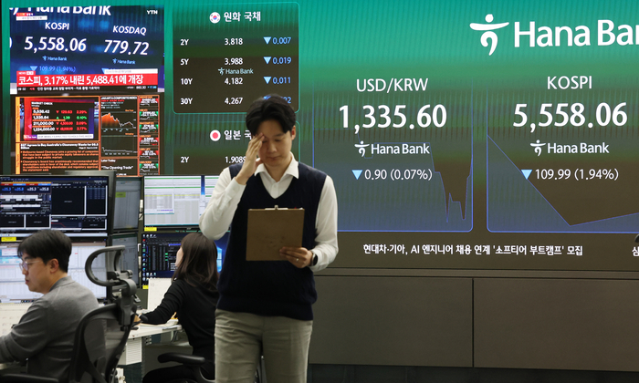  19일 서울 중구 하나은행 본점 딜링룸 전광판에 코스피와 원/달러 환율이 표시돼 있다.[연합뉴스]