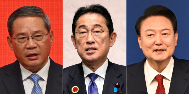 왼쪽부터 리창 중국 총리, 기시다 후미오 일본 총리, 윤석열 대통령. AFP연합뉴스