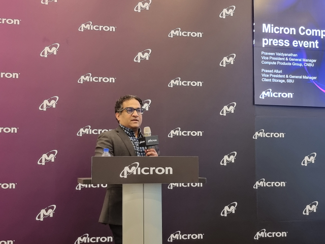 프라빈 바이댜나탄 마이크론테크놀로지 부사장이 대만 타이베이 TFC타워에서 개최된 ‘컴퓨텍스 2024’ 기자회견에서 회사의 제품에 대해 설명하고 있다. 사진=강해령 기자