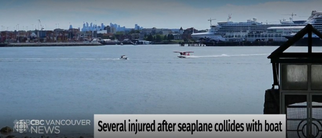 8일(현지시각) 캐나다 벤쿠버 콜 하버에서 이륙하던 수상비행기와 보트의 충돌 직전 모습. CBC 보도 화면 캡처