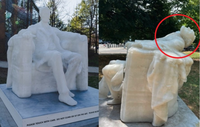 에이브러햄 링컨 전 대통령 밀랍 조형물 원래 모습(왼쪽)과 최근 녹아내린 모습. 컬처럴DC 홈페이지