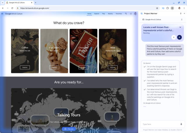 복잡한 작업을 지원하는 AI 비서 ‘프로젝트 마리너’ 예시. 사진제공=구글
