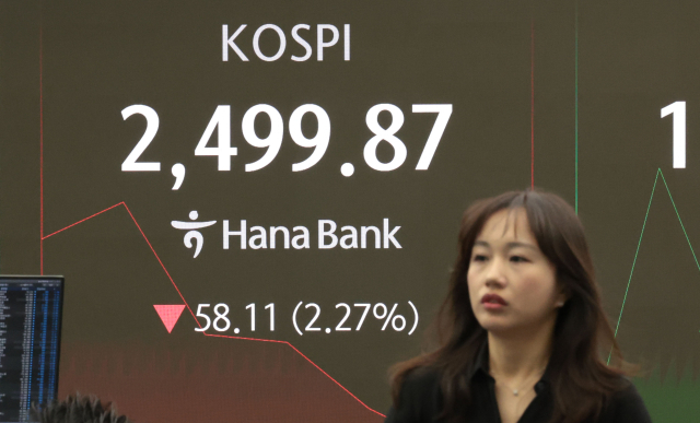 지난 1년 5개월간 금지됐던 공매도가 전면 재개된 31일 서울 중구 하나은행 본점 딜링룸 현황판에 코스피 지수 등이 표시되고 있다. 이날 코스피 지수는 전 거래일 대비 44.54포인트(1.74%) 내린 2513.44