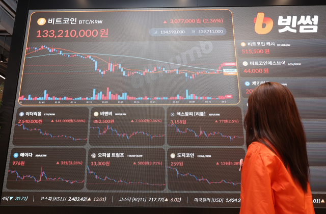 4월 23일 서울 서초구 빗썸라운지 전광판에 비트코인 가격이 표시돼 있다.연합뉴스