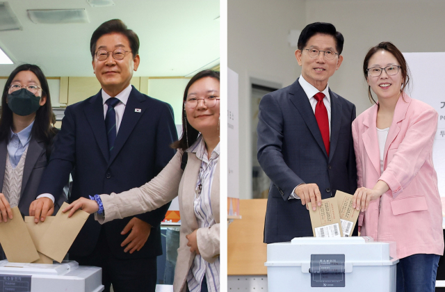 이재명(왼쪽 사진 가운데) 더불어민주당 대선 후보와 김문수(오른쪽 사진 왼쪽) 국민의힘 대선 후보가 사전 투표 첫날인 29일 각각 서울 서대문구 신촌동 및 인천 계양구 계양1동의 주민센터에서 투표를 하고 있다. 연합