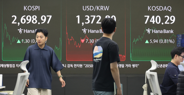 2일 코스피는 1.30포인트(0.05%) 오른 2698.97로 장을 마쳤다. 코스닥은 5.94포인트(0.81%) 오른 740.29로 마감했다. 사진은 이날 서울 하나은행 본점 딜링룸 모습. 연합뉴스