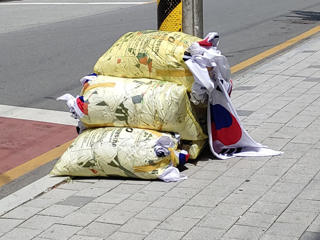 현충일에 버려진 태극기 더미 (연합뉴스)