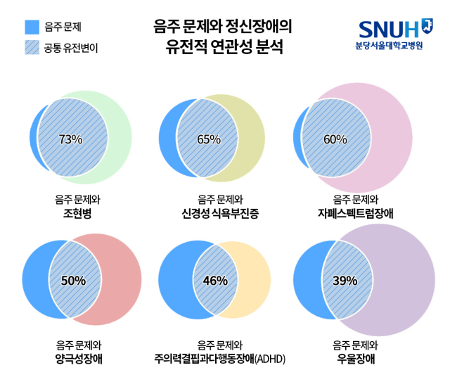 음주 문제와 정신장애 간 공유하고 있는 유전변이 비율. 사진 제공=분당서울대병원