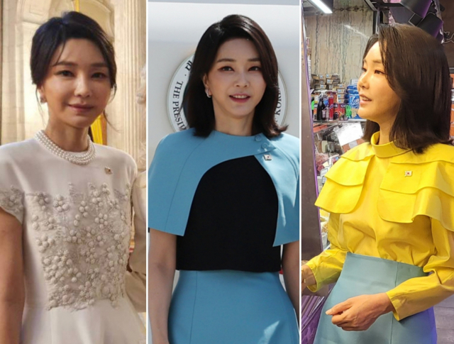 김건희 여사가 2022년 7월 스페인 마드리에서 첫 외교무대 데뷔했던 당시 옷차림. 7월 28일 스페인 마드리드 왕궁에서 열린 펠리페 6세 국왕부부 주최 만찬장, 7월 30일 마드리드 바라하스 국제공항, 스페인 마드