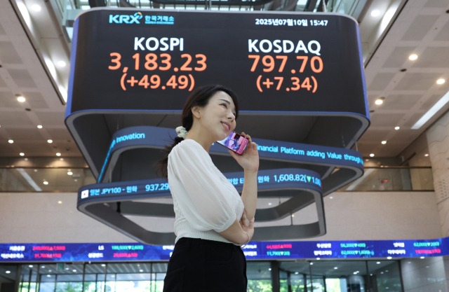 코스피지수가 연일 연고점을 경신한 10일 서울 여의도 한국거래소 전광판에 코스피지수가 표시돼 있다. 연합뉴스