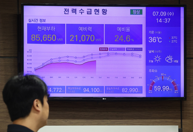 9일 서울 중구 한국전력공사 서울본부 건물 전광판에 이날 전력 수요 현황이 표시되고 있다. 연합뉴스