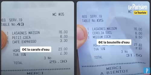 외국인 관광객으로 위장한 손님(오른쪽)에게 더 비싼 9.5유로짜리 콜라와 유료 생수를 제공한 파리의 한 식당 영수증. 르파리지앵 유튜브 캡처