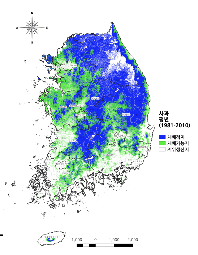 평년(1981년~2010년) 사과 재배 적지(파란색)와 재배 가능지(초록색), 저위 생산지(흰색)