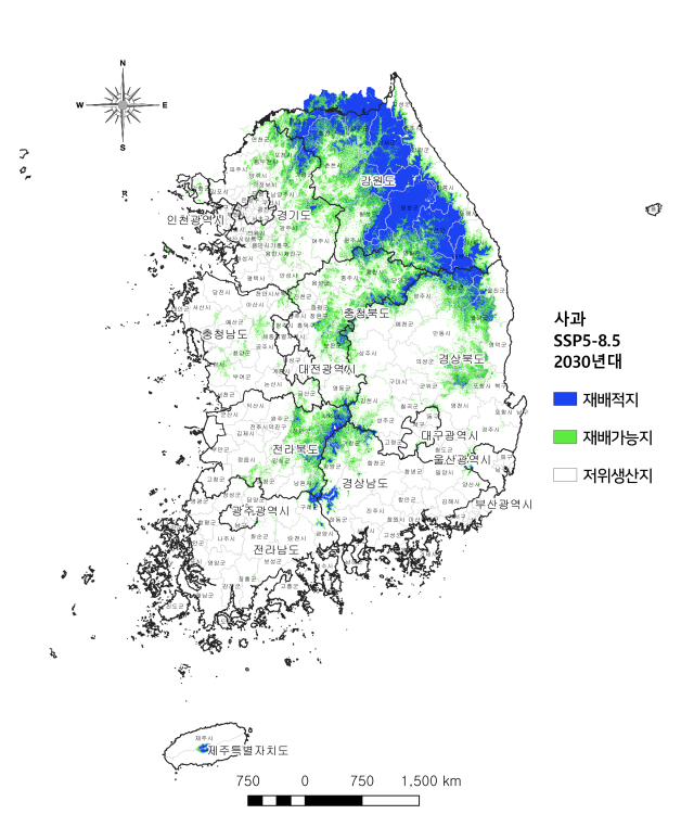 2030년대 사과 재배 적지(파란색)와 재배 가능지(초록색), 저위 생산지(흰색)