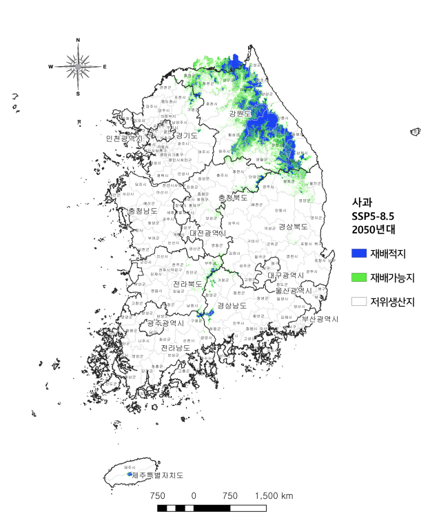 2050년대 사과 재배 적지(파란색)와 재배 가능지(초록색), 저위 생산지(흰색)