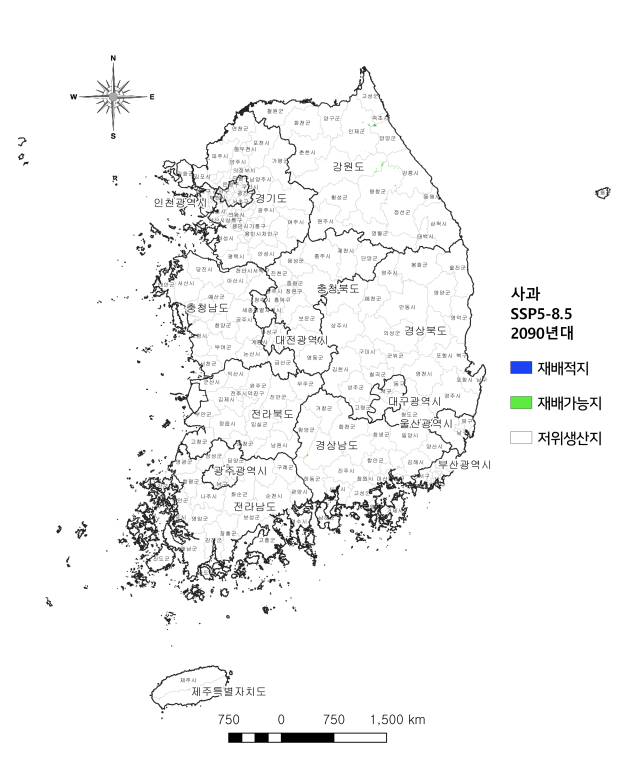 2090년대 사과 재배 적지(파란색)와 재배 가능지(초록색), 저위 생산지(흰색)