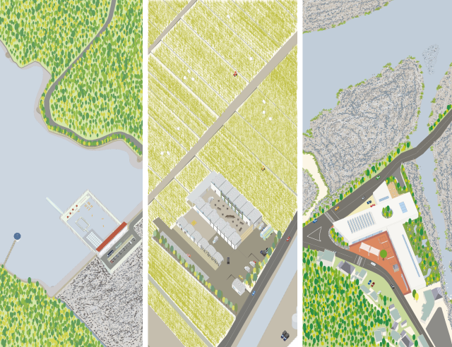 염선웅 홍익대 학생의 ‘구례 마을형 휴게소’ 프로젝트 이미지. 저수지 등 주변 경관과 조화를 이루는 자연형 휴게소(왼쪽 첫번째), 지역 특산물인 밀로 빵을 만들어 판매하는 산업형 휴게소(가운데), 지역 주민들과 관광