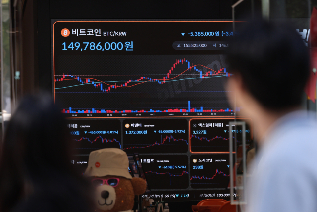 5일 서울 강남구 빗썸 라운지 전광판에 비트코인 시세가 표시돼있다. 4일(현지시간) 미국 가상화폐 거래소 코인베이스에 따르면 미 동부시간 오후 4시(서부시간 오후 1시) 기준 비트