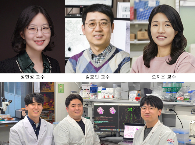KAIST 생명과학과 김호민 교수, 정현정 교수, 의과학대학원 오지은 교수 공동 연구팀. 사진 아래 왼쪽부터 양승주 박사, 윤정원 박사, 권재혁 박사과정. 사진제공=KAIST
