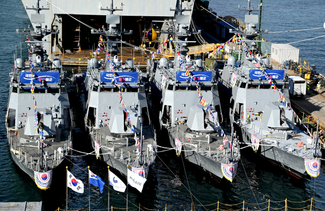 HJ중공업의 신형 고속정 4척 통합진수식 모습.사진 제공=HJ중공업