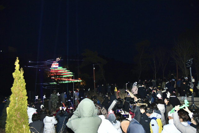 20일 경기 김포시 애기봉생태공원에서 열린 ‘애기봉 윈터라이트’ 행사에서 성탄 트리가 켜지고 있다. 사진 제공=김포시