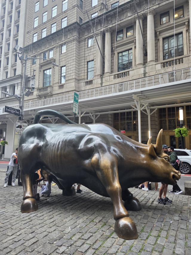 미국 뉴욕 맨해튼 월가에 있는‘돌진하는 황소’동상.증시 활황을 상징한다.뉴욕=윤경환 특파원