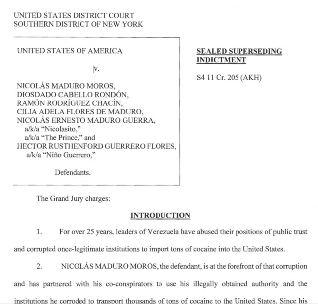 미국 법무부가 공개한 니콜라스 마두로 대통령에 대한 기소장.미 법무부